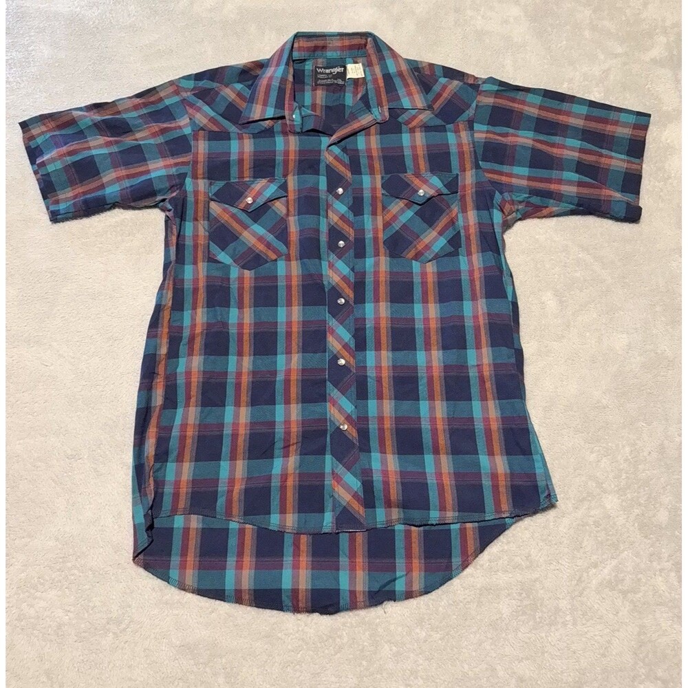 VTG Wrangler Western Pearl Snap Shirt Plaid Cowboy Cut X-Long Tail 16 1/2 Medium